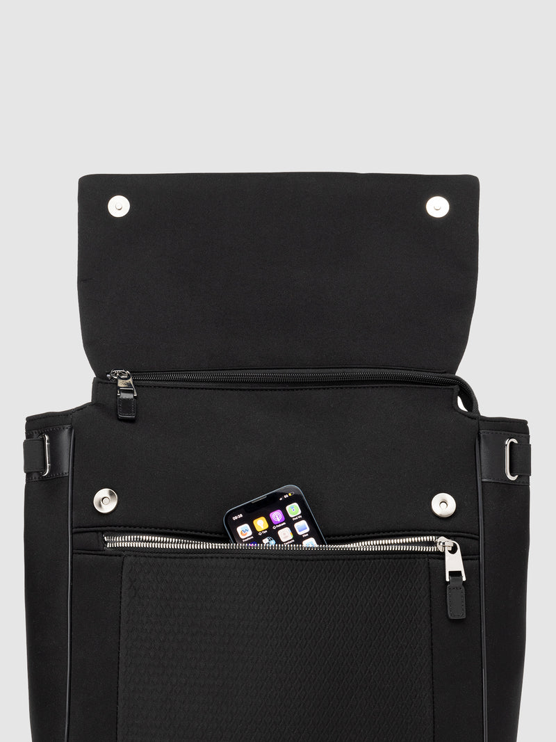 St James Scuba Black & Silver | flap open with mum items inside zipped pocket
