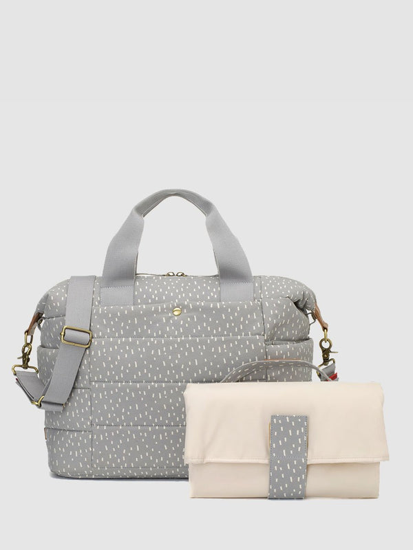 storksak organic cotton tote grey raindot, with matching changing mat