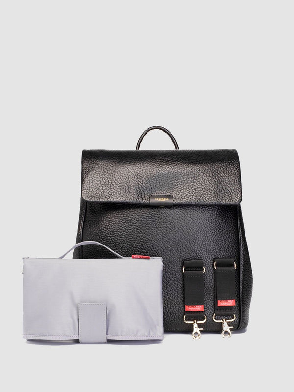 storksak st james leather black, luxury convertible changing bag, come with changing mat and stroller clips