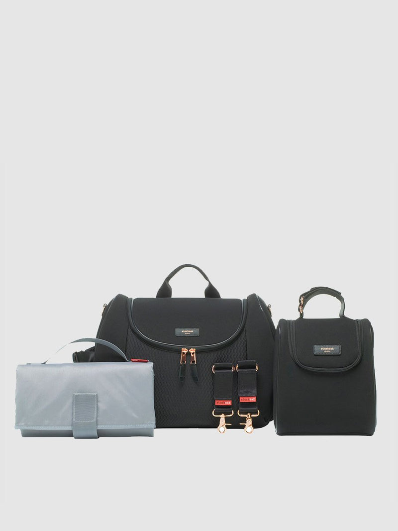 storksak poppy luxe scuba black, convertible changing bag, comes with changing mat, stroller clips & insulated bottle holder