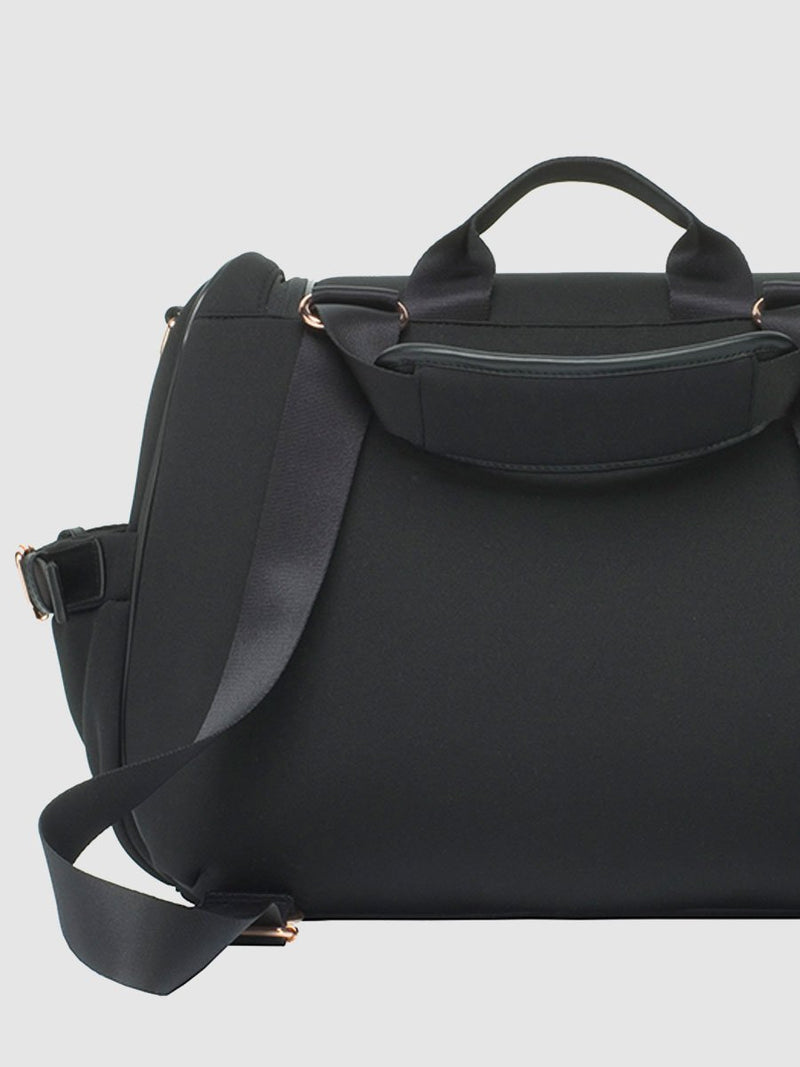 storksak poppy luxe scuba black, convertible changing bag, back view showing straps as backpack