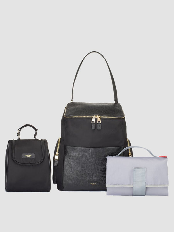 Storksak Alyssa |  Black convertible diaper changing Bag with Gold Zips | comes with changing mat & insulated double bottle bag