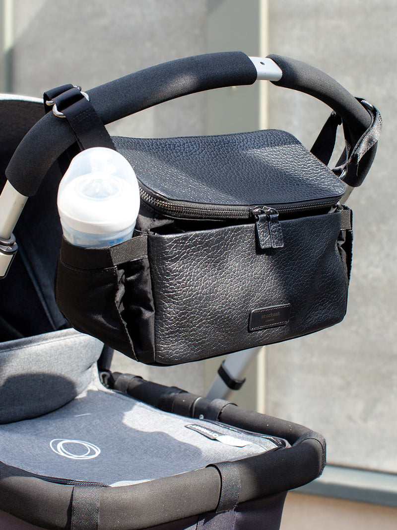 Lifestyle storksak alyssa black & gunmetal buggy organiser, award-winning stroller bag, attached to stroller